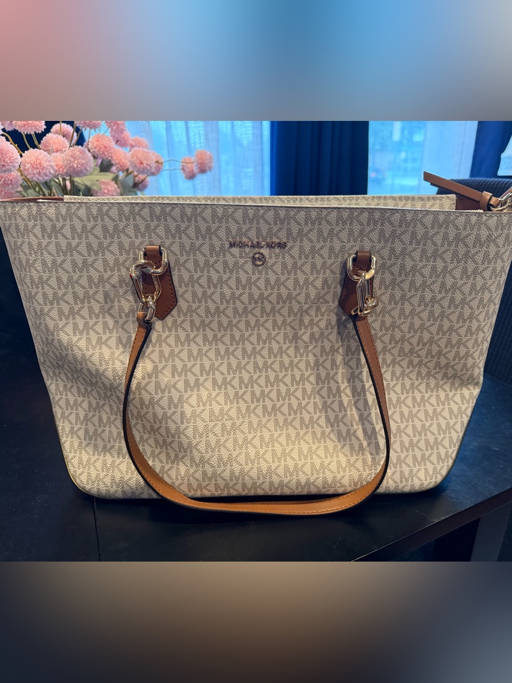 Michael Kors Cream Signature MK Canvas Tote with Brown Leather Trim